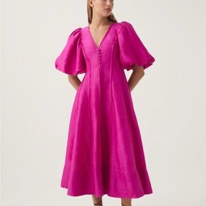 Aje Fuchsia Puff-Sleeve V-Neck Midi Dress